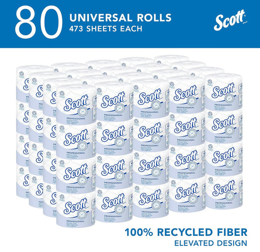 80 pack Scott® Professional 100% Recycled Fiber Standard Roll Toilet Paper (13217), with Elevated Design, 2-Ply, White, Individually wrapped rolls, 473 Count (Pack of 80), Total 37,840 Sheets