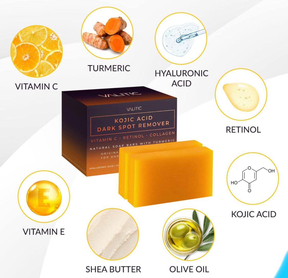 VALITIC Kojic Acid Dark Spot Remover Soap Bars with Vitamin C, Retinol, Collagen, Turmeric - Original Japanese Complex Infused with Hyaluronic Acid, Vitamin E, Shea Butter, Castile Olive Oil