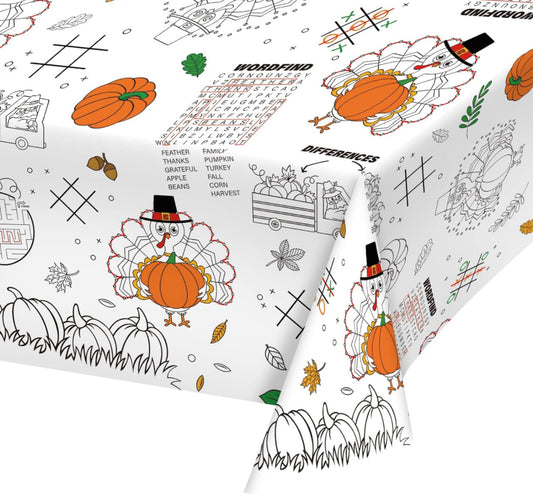 Gatherfun Disposable Fall Thanksgiving Color-in Paper Tablecloth Decoration，Turkey Thanksgiving Day Paper Table Cover for Autumn Children School Party Decor-54 x 88 in