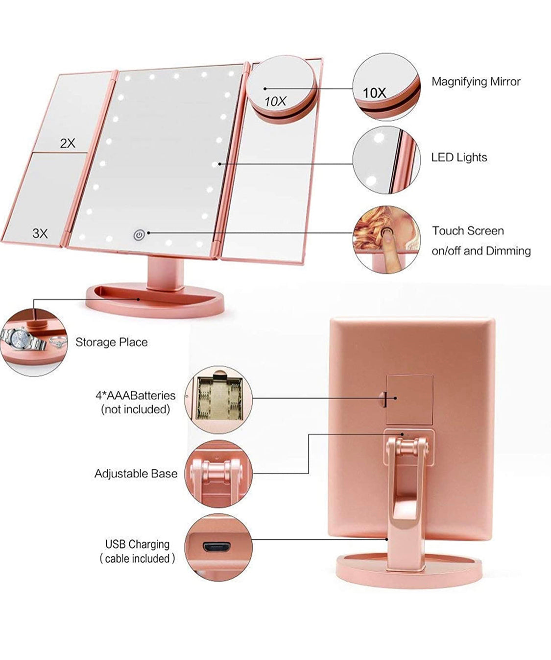 Trifold Led Lighted Makeup Mirror, 2X/3X Magnification Vanity Mirror with Lights