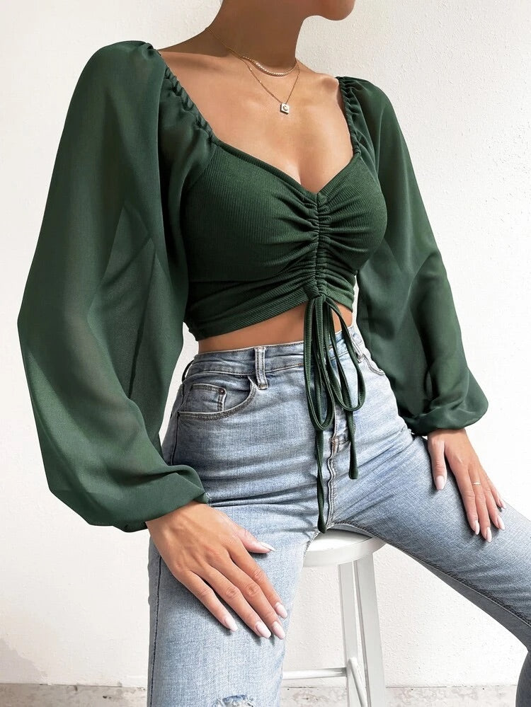 Sweetheart Neck Drawstring Lantern Sleeve Crop Top