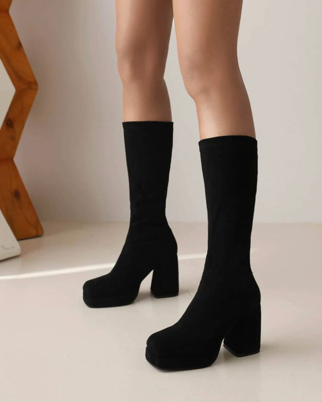 Suedette square toe platform boots